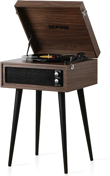 RETROSPILER Turntable with Stand, 3 Speed Record Player with Built-in Speakers and Removable Legs, Bluetooth USB Recorder Aux-in, Wood (Espresso)