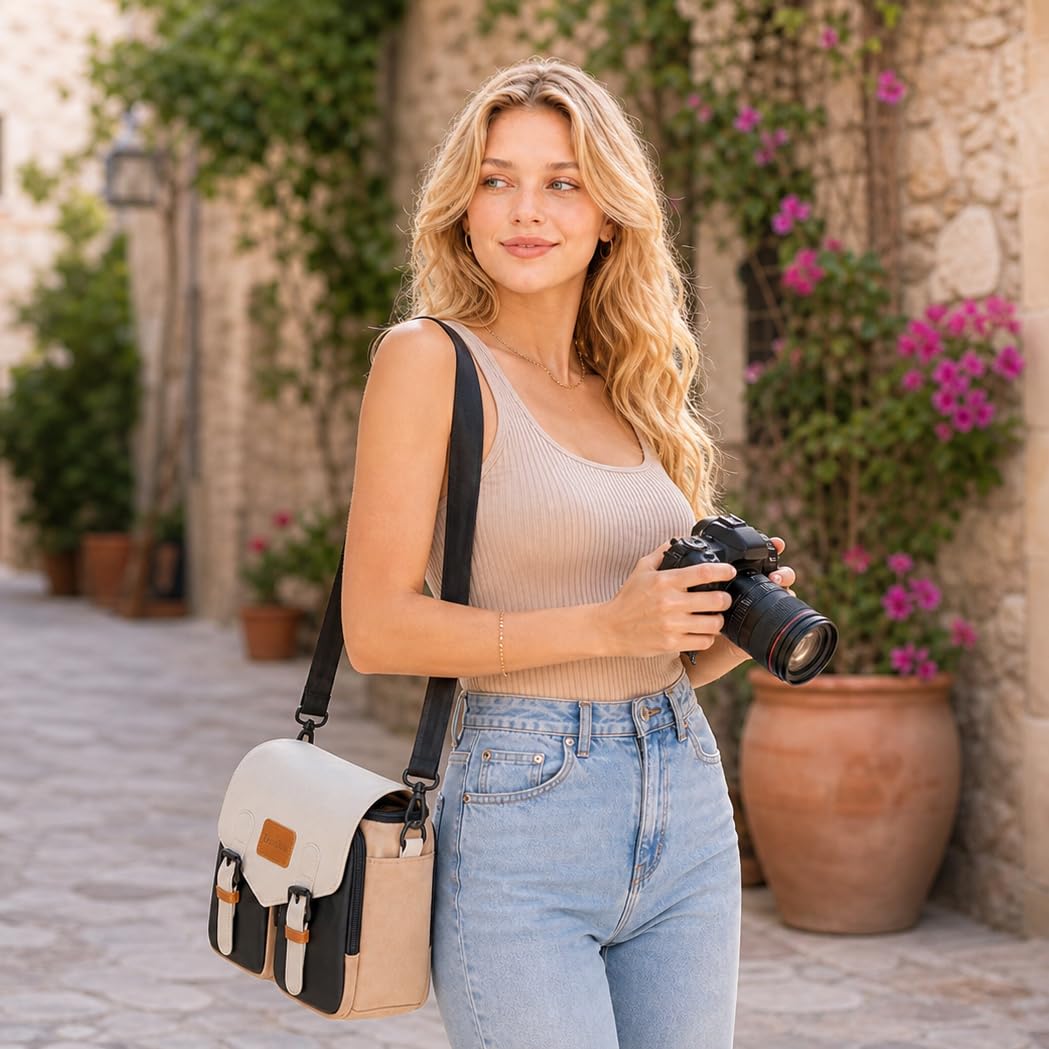Cwatcun Borsa per Fotocamera borsa fotografica compatta, piccola fotocamera impermeabile borsa messenger con supporto per treppiede, fotografia di viaggio borsa DSLR/SLR,L