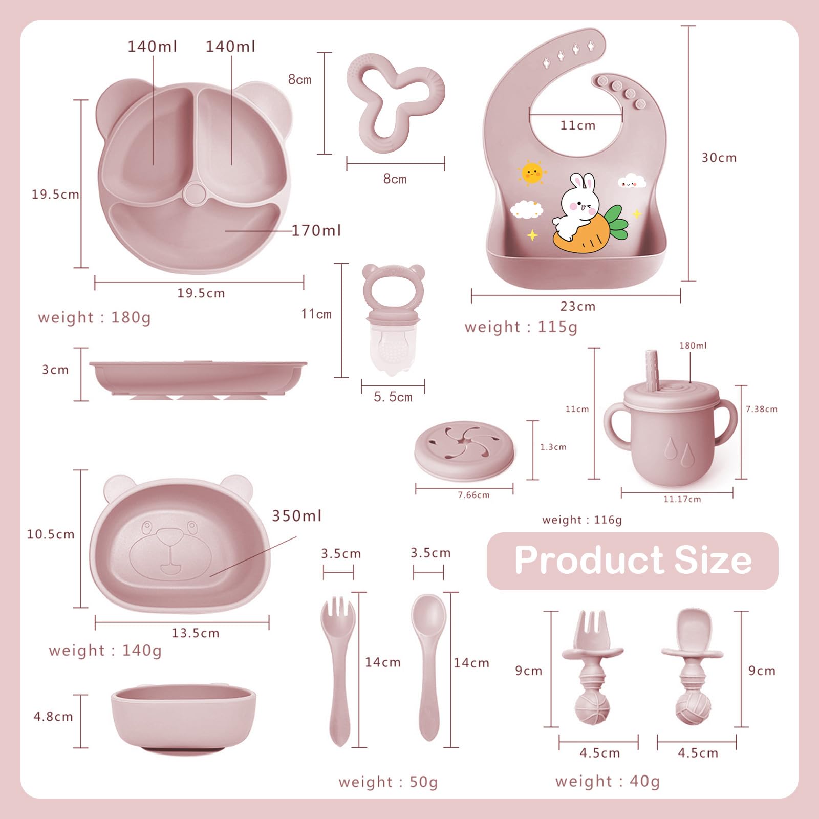 11 Pezzi Set Pappa Svezzamento, Svezzamento Set Silicone Piatto con Ventosa Piatto Ciotola Tazza Bavaglino Cucchiaio Forchetta, Set di Posate per Bambini per Lo Svezzamento e L'Alimentazione (Rosa1)