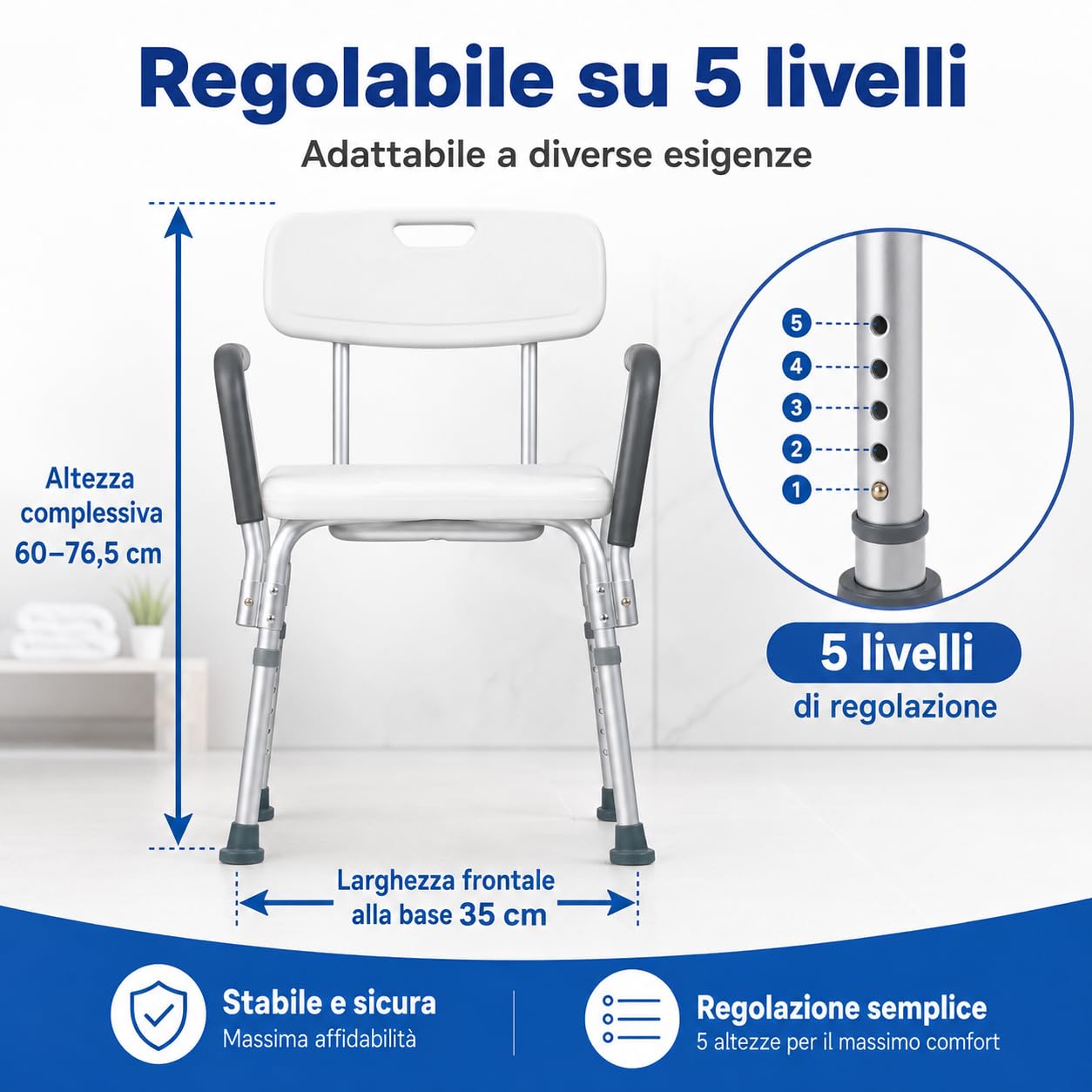 APP LIFE Sedia Doccia Anziani, Regolabile con Schienale e Braccioli | Dispositivo medico di Classe I, regolabile su 5 livelli, con schienale e braccioli
