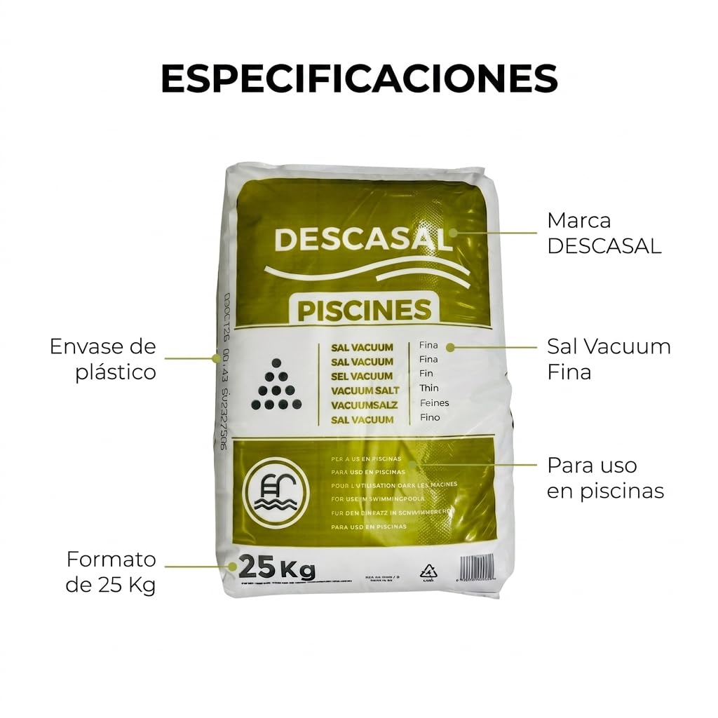Sal para Piscinas 25 kg | Sal Piscina CLORACION Salina | REMDIMIENTO Alto | Sal Fina Vacuum | Agua Clara EN Piscinas, SPA y JACUZZIS.