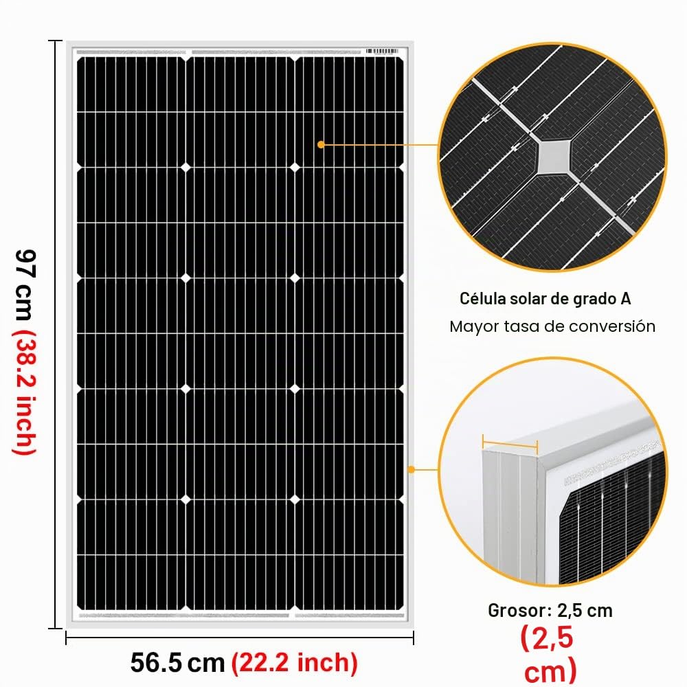 DOKIO Panel Solar 100W 18V monocristalino alta eficiencia robusto para carga de batería de 12v