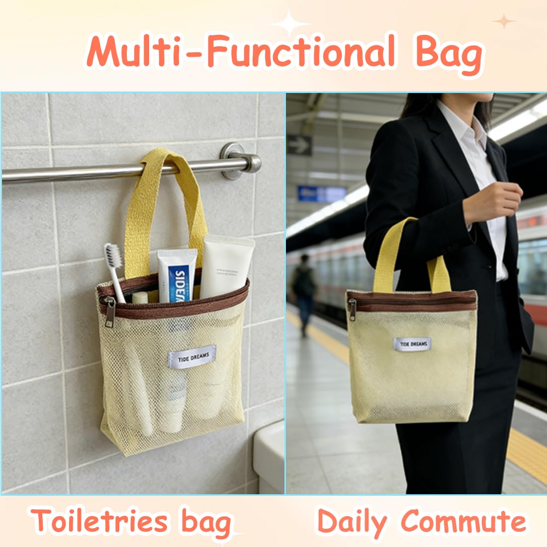 2PCS Borsa Portaoggetti da Doccia Portatile in Rete con Cerniera e Tasche, ad Asciugatura Rapida, Pieghevole, Impermeabile, Multifunzione, Organizer da Bagno da Appendere per Campeggio, Spiaggia