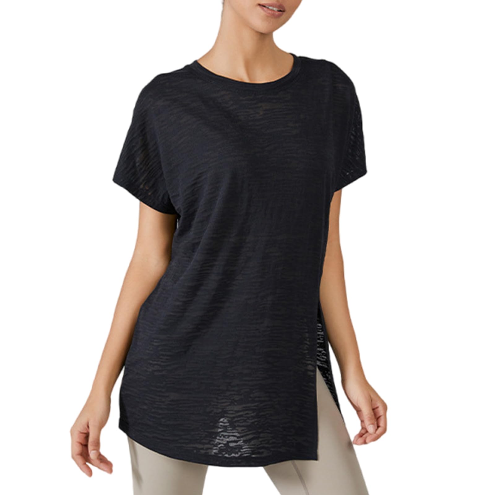 mioosho front split tops for women, quick dry sports shirts, short sleeve tees, loose fit, tops, Black, L