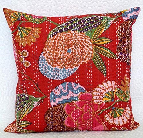 Image of Cotton Kantha Embroidery Cushion Cover (16x16-inches) (Set of 1, Red)