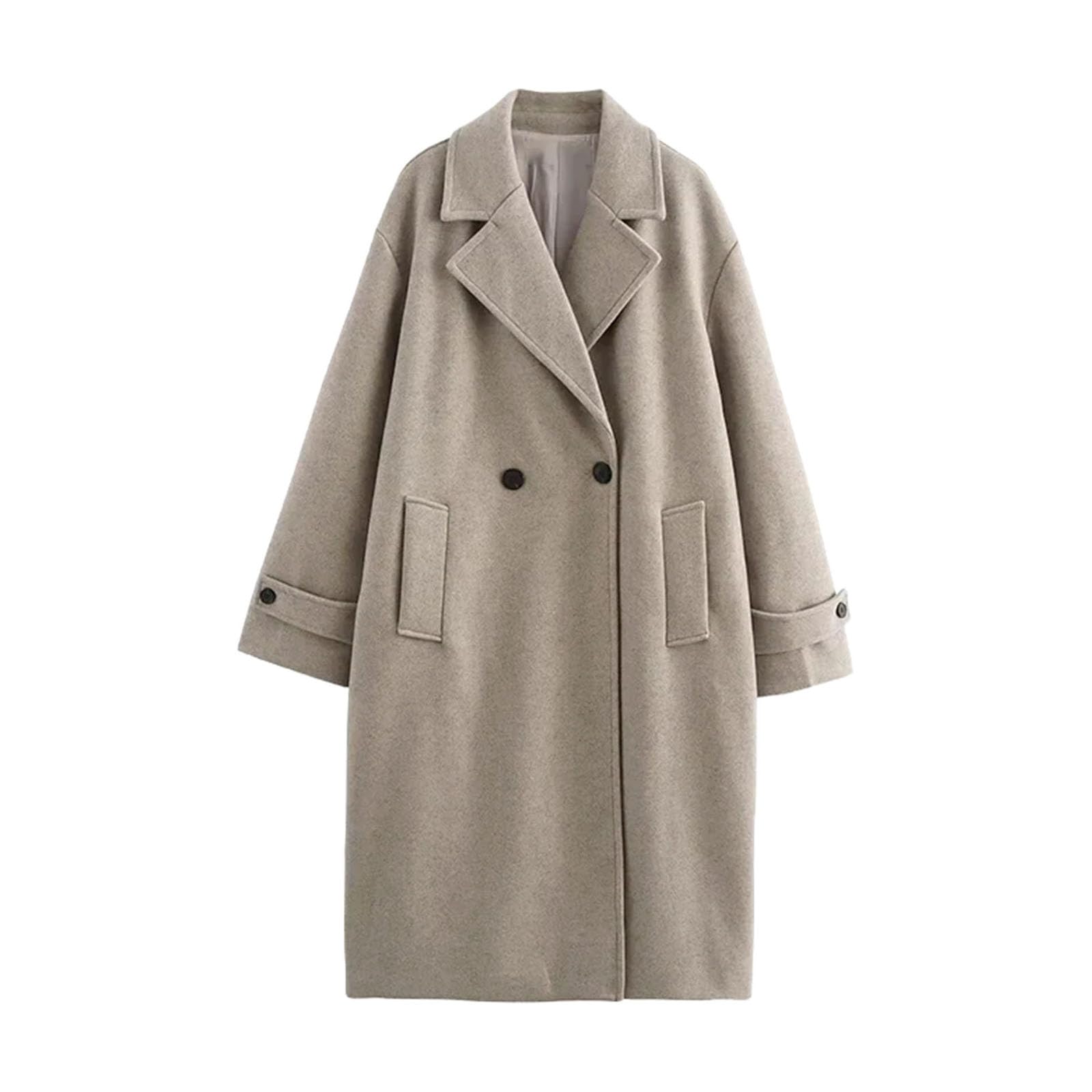 Womens Double Breasted Trench Coat Vintage Lapel Long Sleeves Loose Fit Chic Outerwear