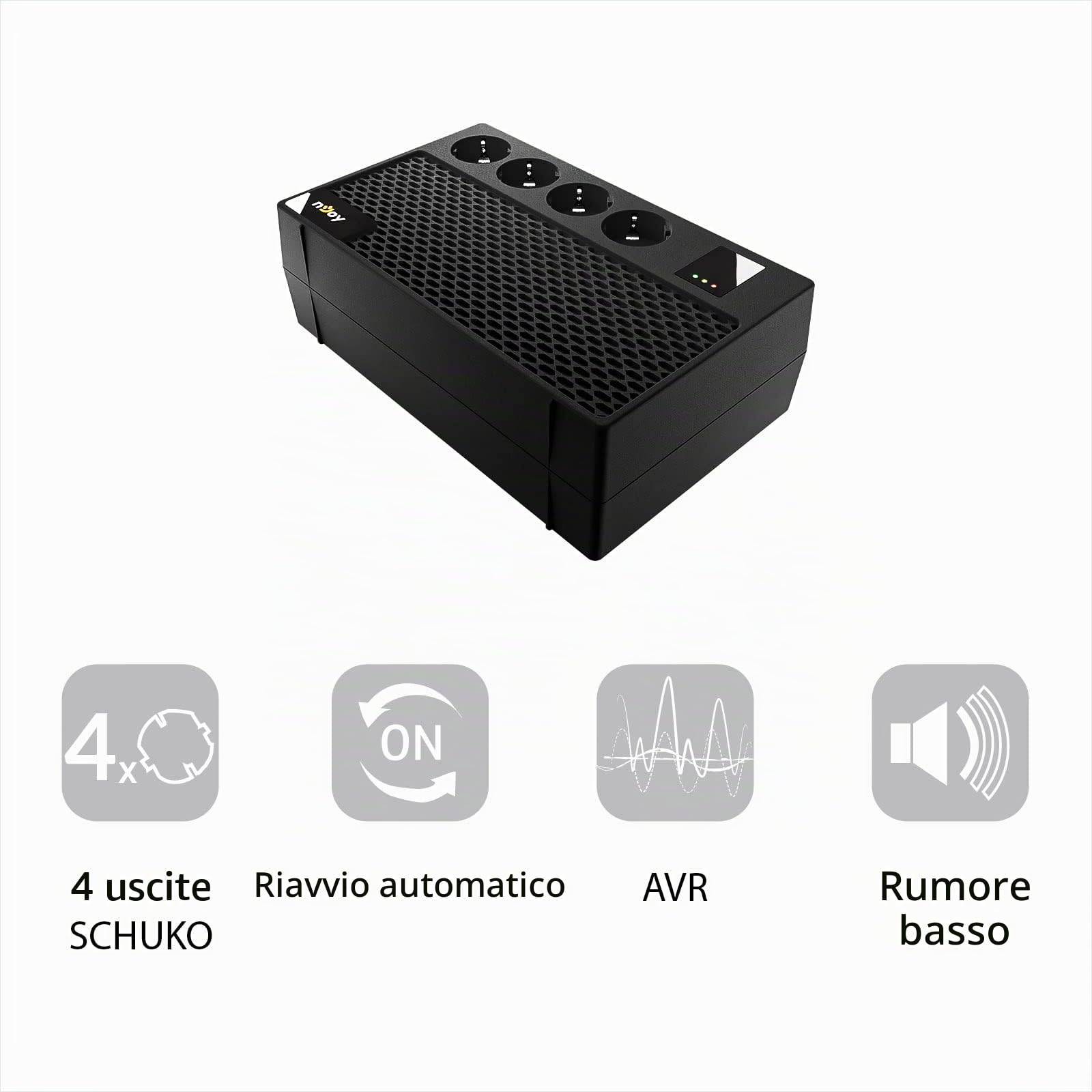 NJOY Renton 650 Plus Gruppo di Continuità Monofase 650VA 360 Watt, Line Interactive, AVR UPS a Ciabatta Multipresa, 4 Uscite Schuko, 1 Batteria 12V-5Ah