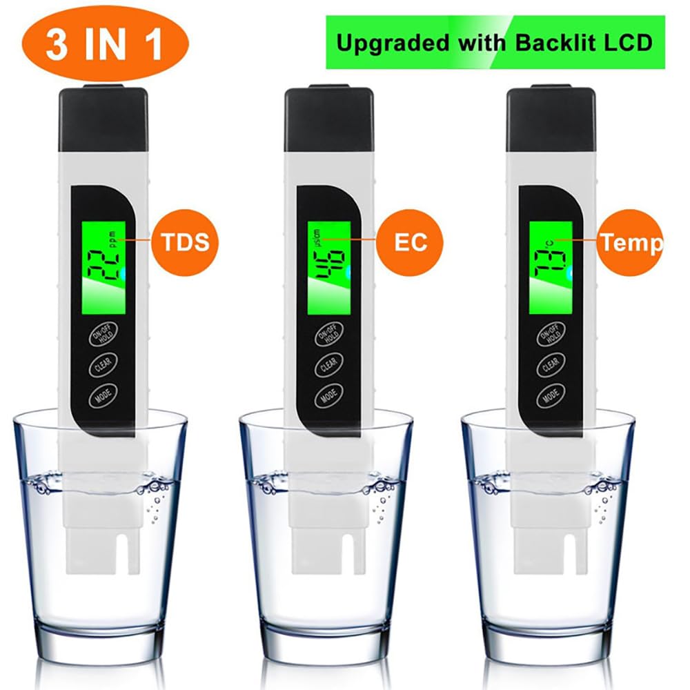 Tester jakości wody 3 w 1, Tds, Ec i miernik temperatury, 0-9990 Ppm miernik wody Tds, ekran LCD z podświetleniem, do wody pitnej, basenów, akwariów