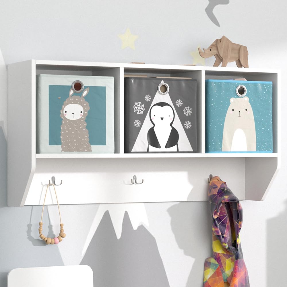 Vicco Estante de Pared para habitación Infantil Luigi, Blanco, 107.2 x 56 cm, para Montaje en Pared con estantes Abiertos y Ganchos