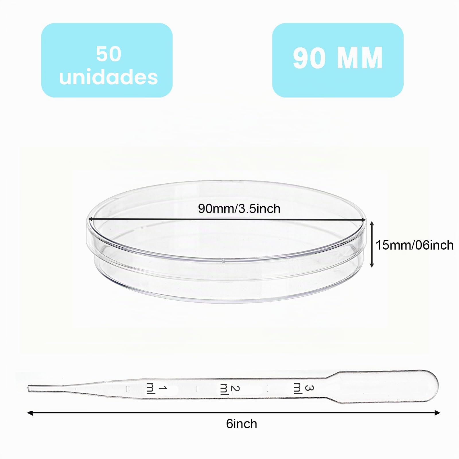 Lawei Estériles Placas de Petri Plástico 90 mm x 15 mm con Cuentagotas para Cultivo Bacteriano