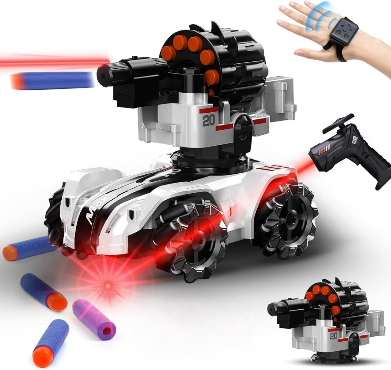 KING FORU RC Tank Shoot Nerf Bullets, Nerf Tank Remote Control Cars for Kids, Stunt RC Cars Toy Chase Light Control with Music,Light, Radio Control Toys Cars with Gesture Control Watch for 4+