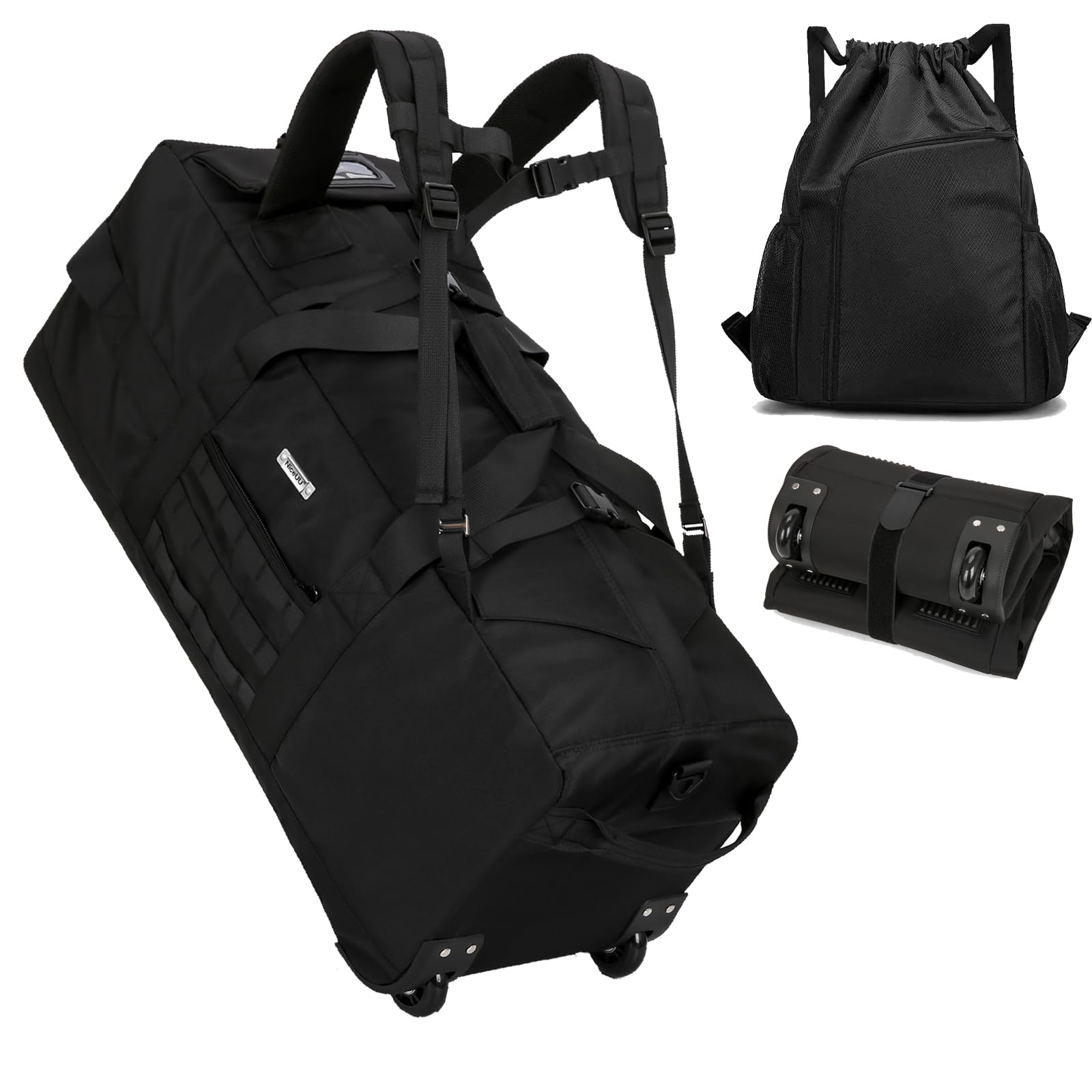 80L Waterproof Rolling Duffel Bag for Men & Women with Wet Compartment, Duffle Bag for Travel, Sports, Fitness & Workout(Black+Drawstring bag)