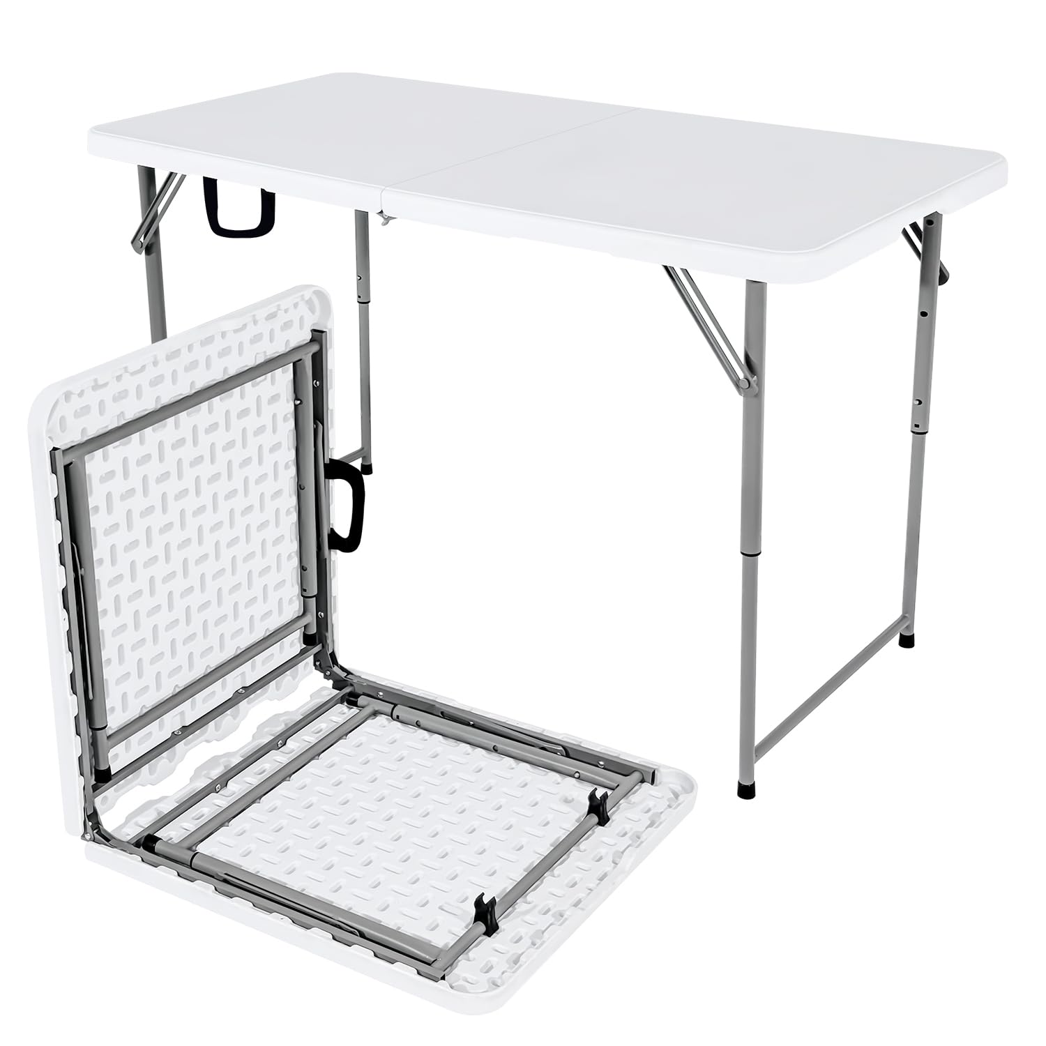 48" W x 24" D x 29.5" H - 4FT Adjustable Height Heavy Duty Plastic Fold-in-Half Foldable Table?White Portable Folding Table with Carrying Handle for Camping & Party