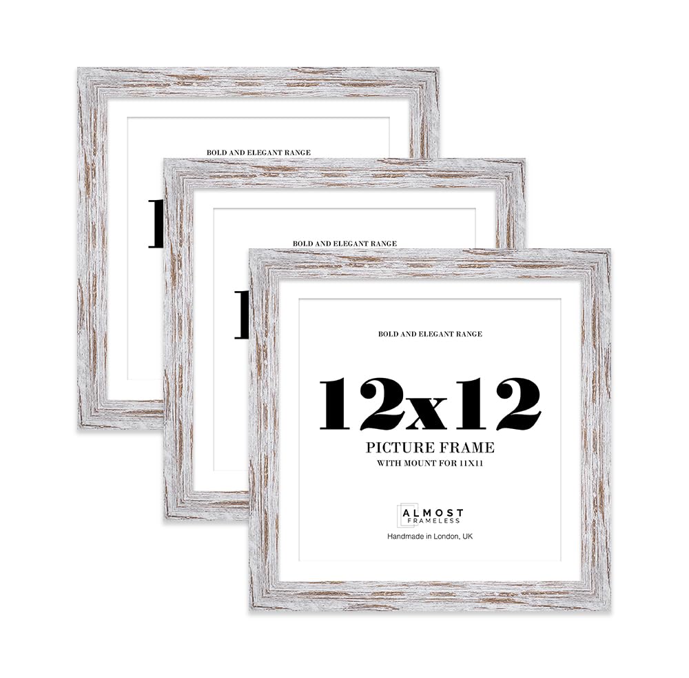 12x12" Distressed Wood Square Frame With Mount for 11x11" Pictures 28mm Edge Frame Display with Wall Hooks and Kickstand, 3 Pack