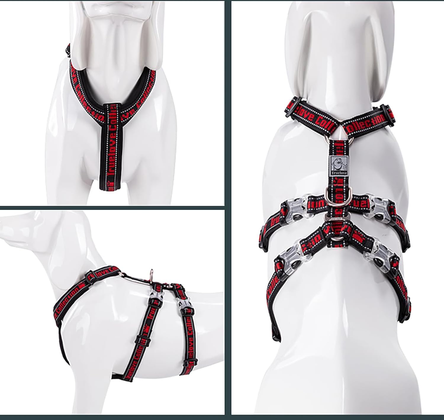 TRUE LOVE Double H Escape Proof Nylon Dog Harness Reflective Adjustable No Pull Pet Vest Harness for Small Medium Large Dogs TLH6571(Black/Red,XL)