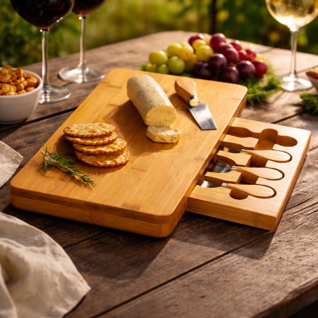 HomeZone Plateau à fromage en bambou avec couteau et plateau de service avec tiroir coulissant à couverts et tiroir de cuisine, cadeau divertissant
