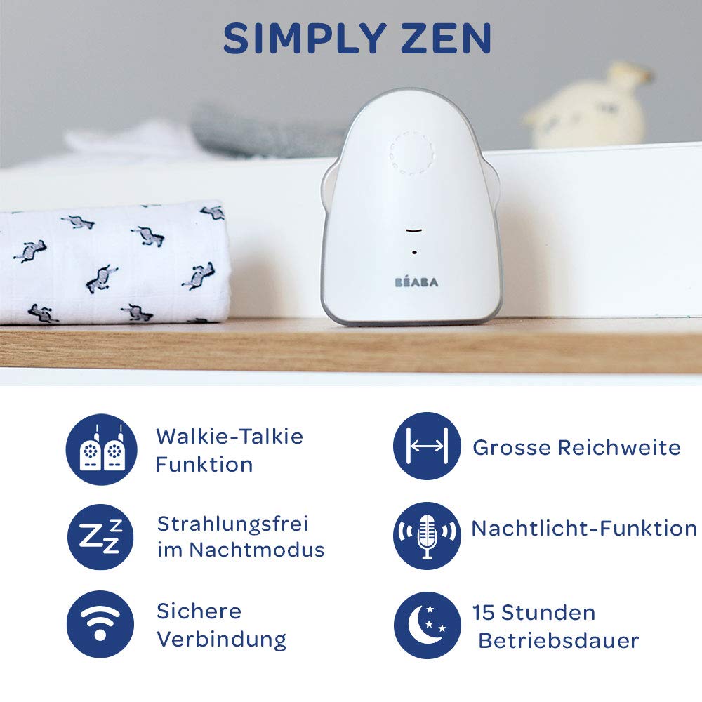 BÉABA, Babyphone + Gegensprechfunktion, Walkie-Talkie, 0-Funkwellen-Technologie, Vox-Modus, Nachtmodus mit Nachtlicht, Reichweite 300 m, Akkulaufzeit 15 Stunden, Simply Zen