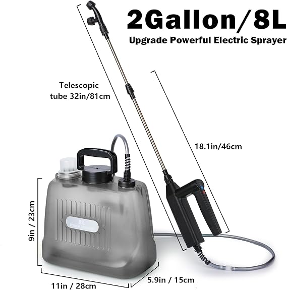 Battery Powered Sprayer 2 Gallon, Electric Sprayer with 4 Mist Nozzles, USB Rechargeable Handle, 32in Telescopic Wand, Garden Sprayer with Adjustable Shoulder Strap for Lawn, Garden, Cleaning,Grey 8L