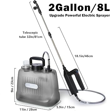 Battery Powered Sprayer 2 Gallon, Electric Sprayer with 4 Mist Nozzles, USB Rechargeable Handle, 32in Telescopic Wand, Garden Sprayer with Adjustable Shoulder Strap for Lawn, Garden, Cleaning,Grey 8L