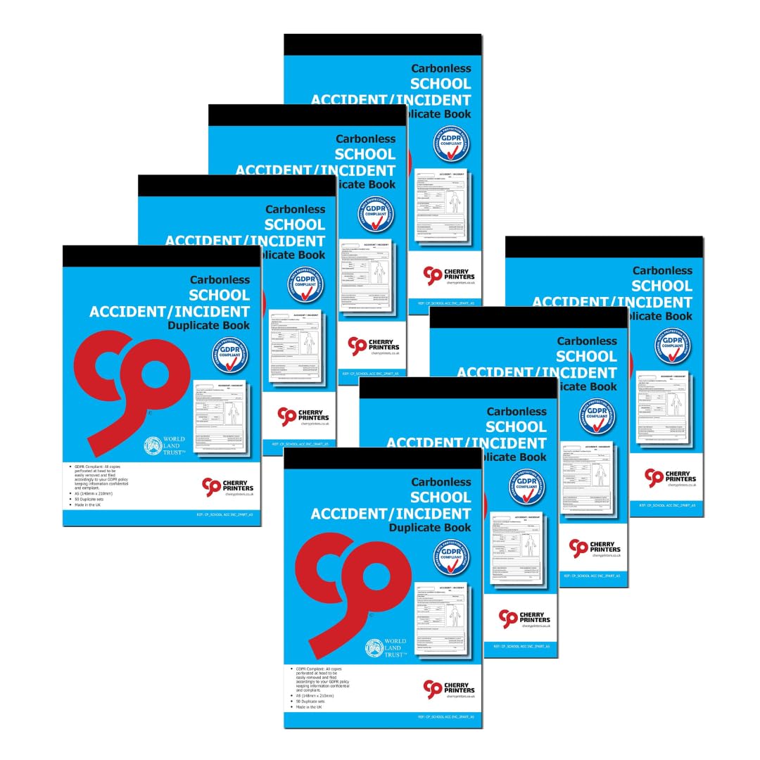 Cherry Printers | Carbonless NCR | School Accident/Incident | Duplicate Book | for Pupils | GDPR Compliant | A5 (148 x 210 millimetres) | Loose Leaf Writing Shield | 50 Sets per Book | **8 Pack**
