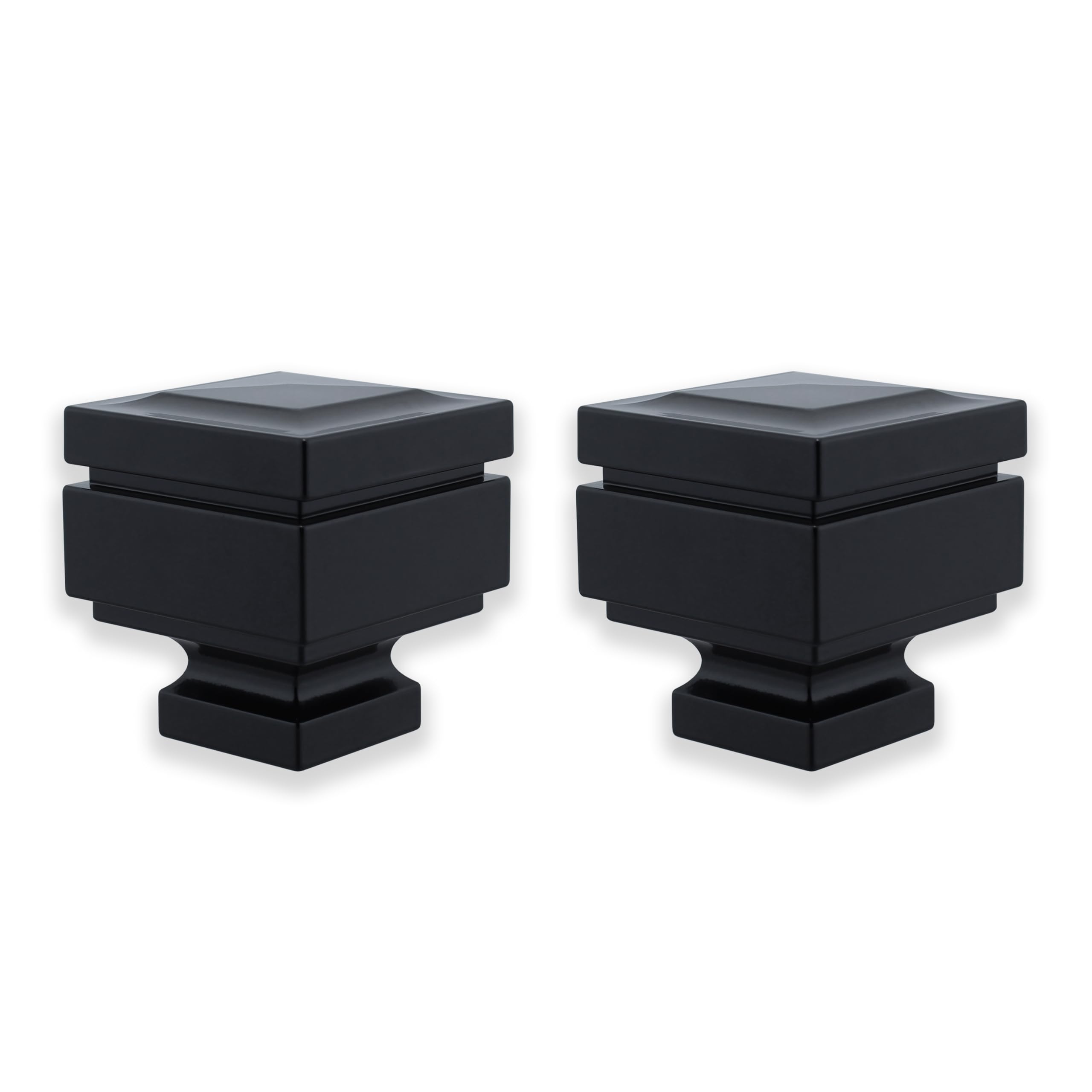 BLASTHOME® Luxury Step Square Finials – Fits Only Signature Collection Curtain Rods (Rod Not Included) – Premium Quality, Heavy Metal – Set of Two – Tuxedo Black Finish