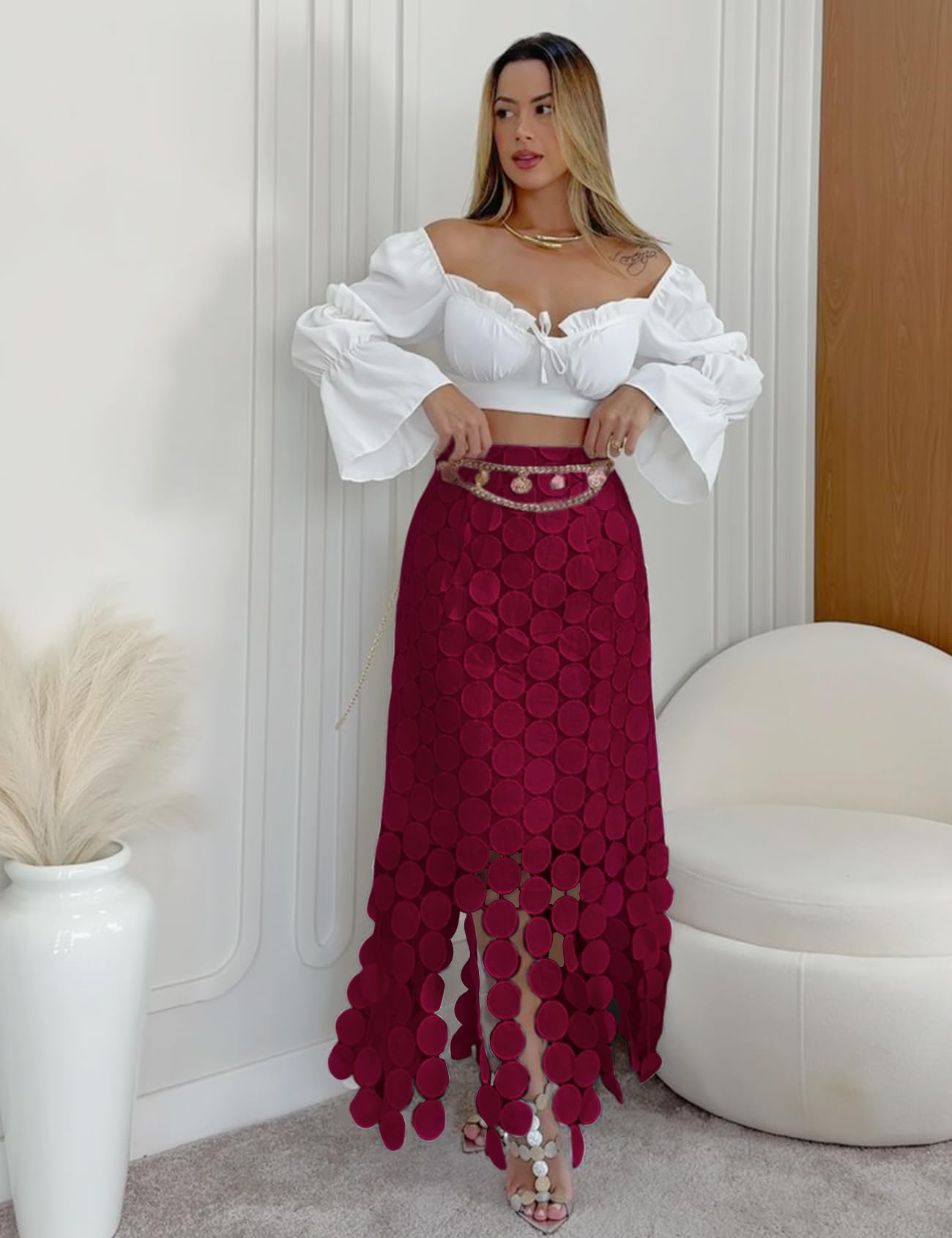 Kissonic Langer Damen-Maxirock mit Fransen, Sommer, hohl, Boho, elastisch, hohe Taille
