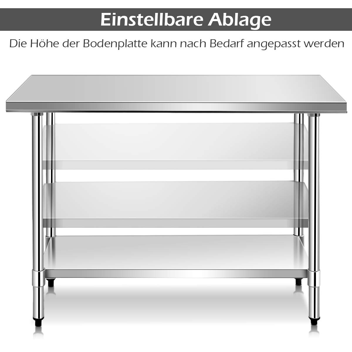 COSTWAY Edelstahl Küchentisch Arbeitstisch, Edelstahltisch mit Höhenverstellbarer Ablage, Zubereitungstisch Gastro Tisch, Ablagetisch für Küche Restaurant, Silber (122 x 61x 90cm)