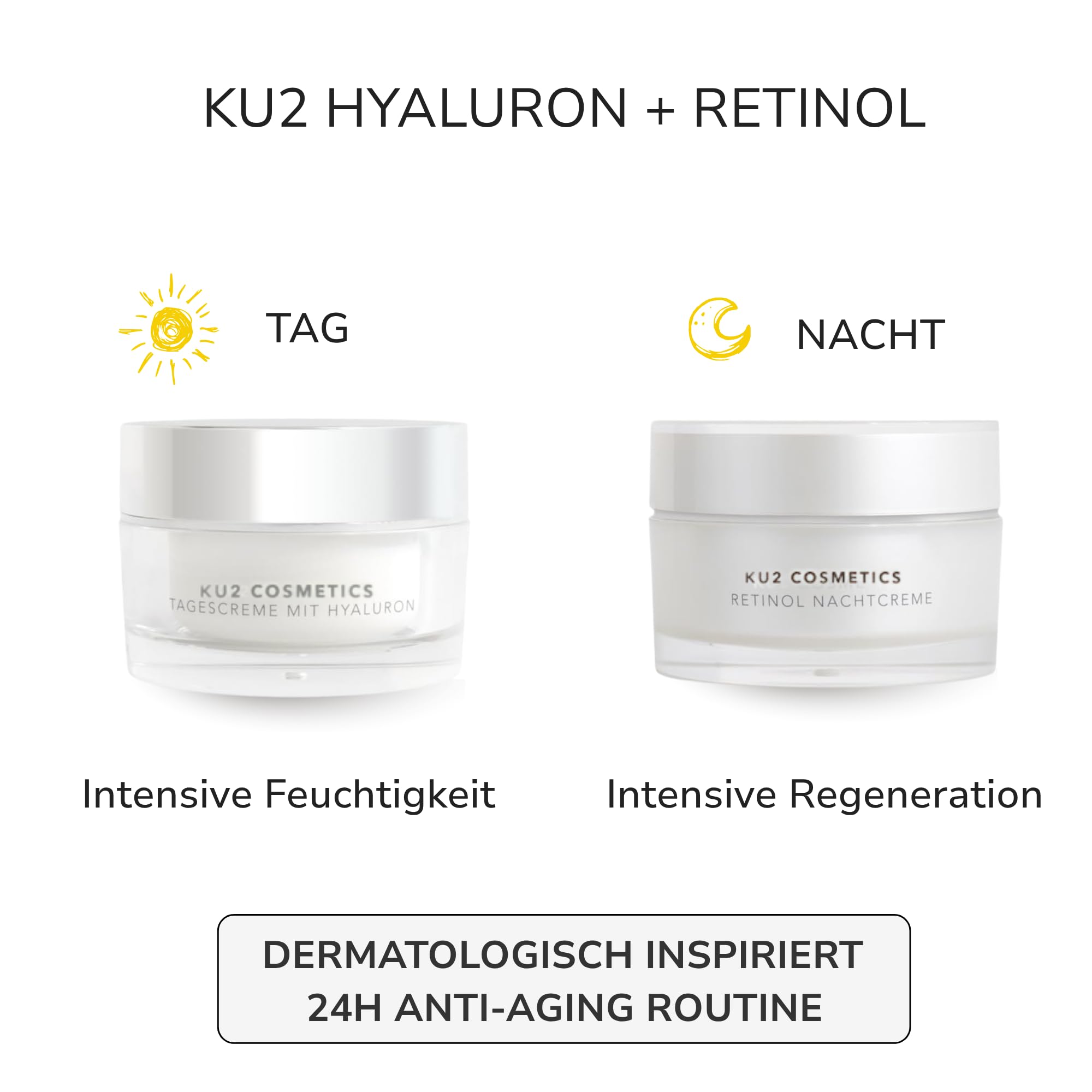 KU2 Cosmetics Tages- & Nachtcreme Set – Hyaluron Tagescreme & Retinol Nachtcreme – Feuchtigkeitsspendende Gesichtspflege & Anti Aging Pflege – Für glattere, straffere Haut, je 50 ml
