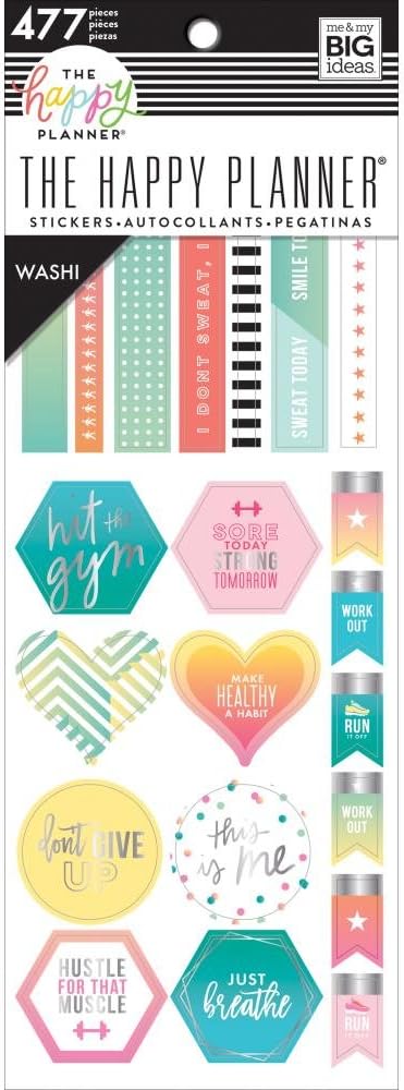 Me & My Big Ideas Happy Planner Washi Sticker Book, Fitness, 477/Pkg