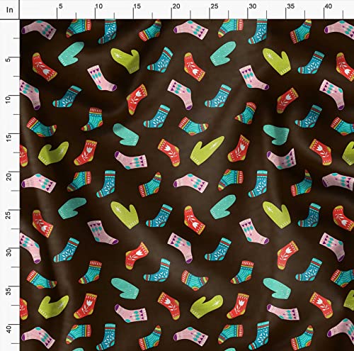 Image of Soimoi Brown Polyester Crepe Fabric Socks & Gloves Folk Art Printed Fabric 1 Meter 42 Inch Wide