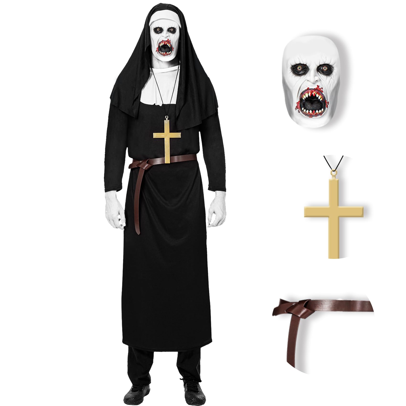 4pcs Set Nun Costume with Scary Mask for the Unisex Adult Men Women Plus Size Halloween Costume