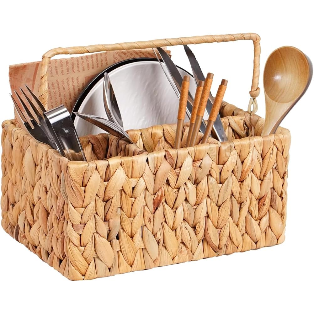 Udsknv[Ksl As Shown Hand-Woven Wicker Flatware Organizer-Cutlery Holder-Water Hyacinth Utensil Holder For Countertop With Handle For Kitchen