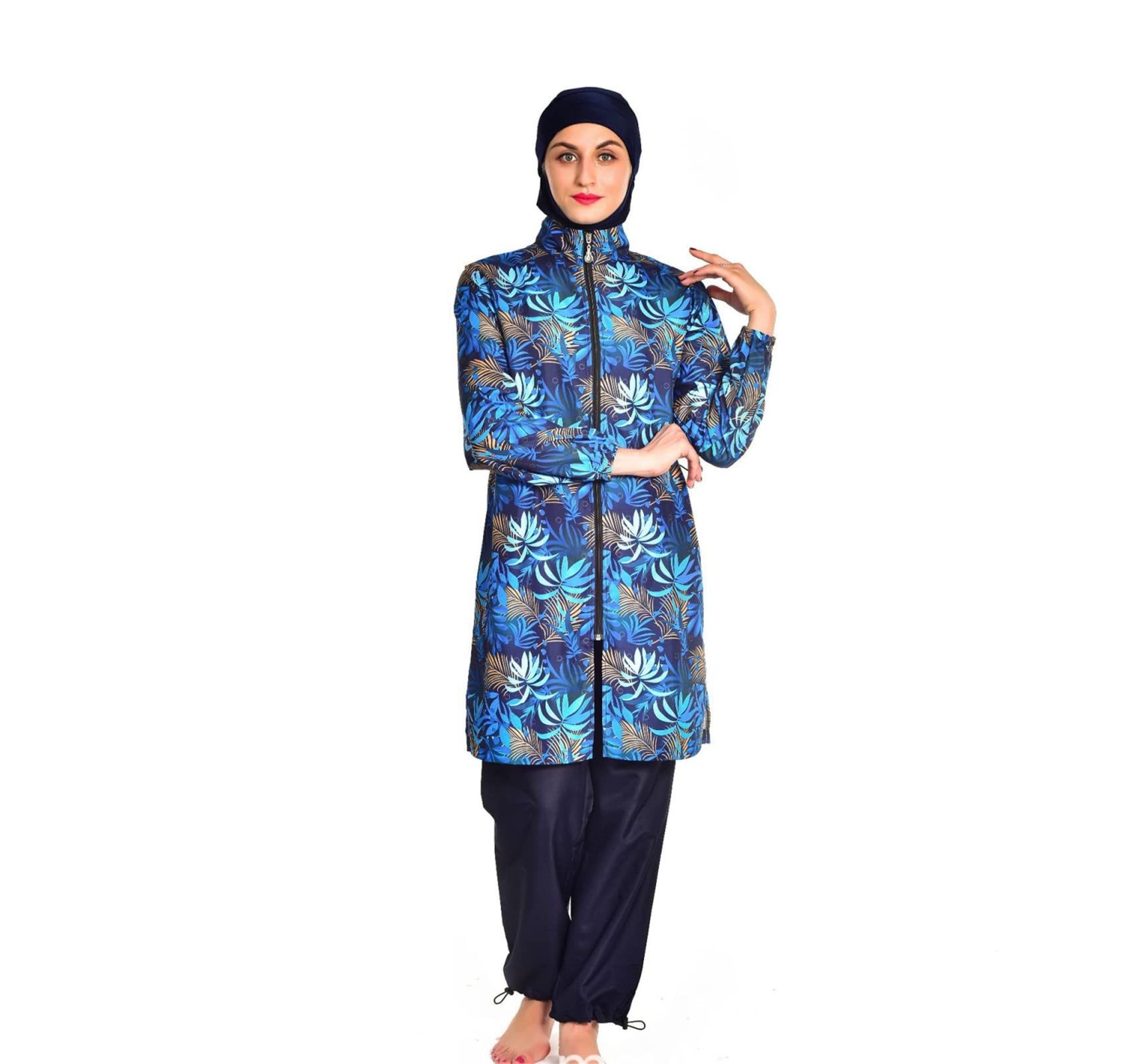 Modest Reißverschluss Badebekleidung für Damen Muslimischer 3-teiliger Surfanzug Langarm Badeanzug Burkini Sonnenschutz Badeanzug