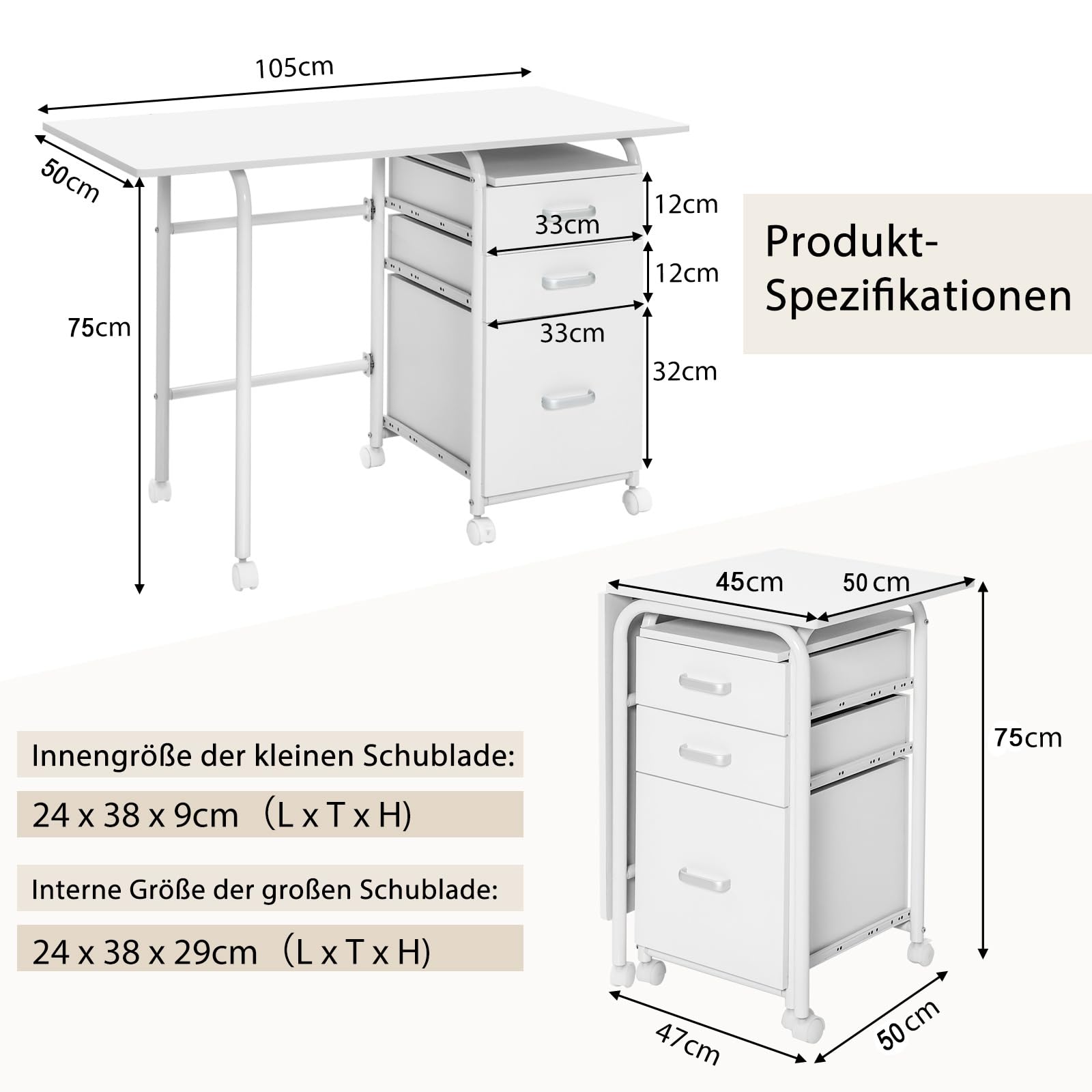 COSTWAY Klappbarer Computertisch mit 3 Schubladen und Rollen, Schreibtisch mit Metallrahmen, platzsparender Bürotisch, Klappschreibtisch für kleine Räume, 105 x 50 x 75 cm, Weiß