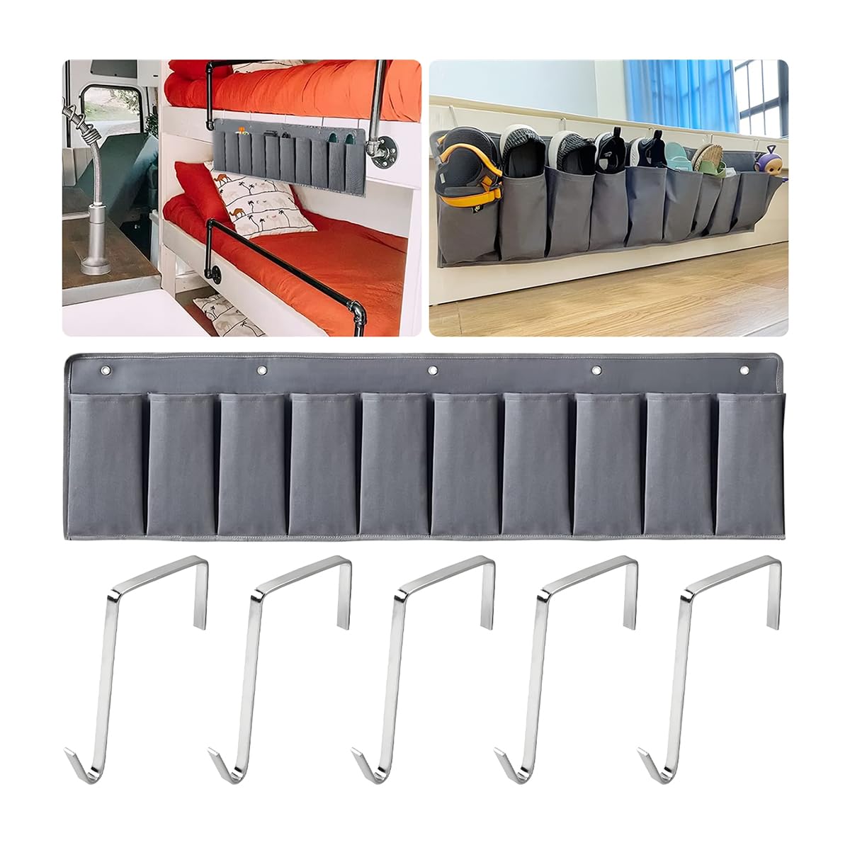 RV Shoe Storage, 10 Pockets RV Shoe Organizer, Hanging Bedside Storage Pockets for Shoes, Toys and Tools, Length 44 Inches/3.7 Ft, Hanging Shoe Holder with Hooks, Car Accessories (Gray)