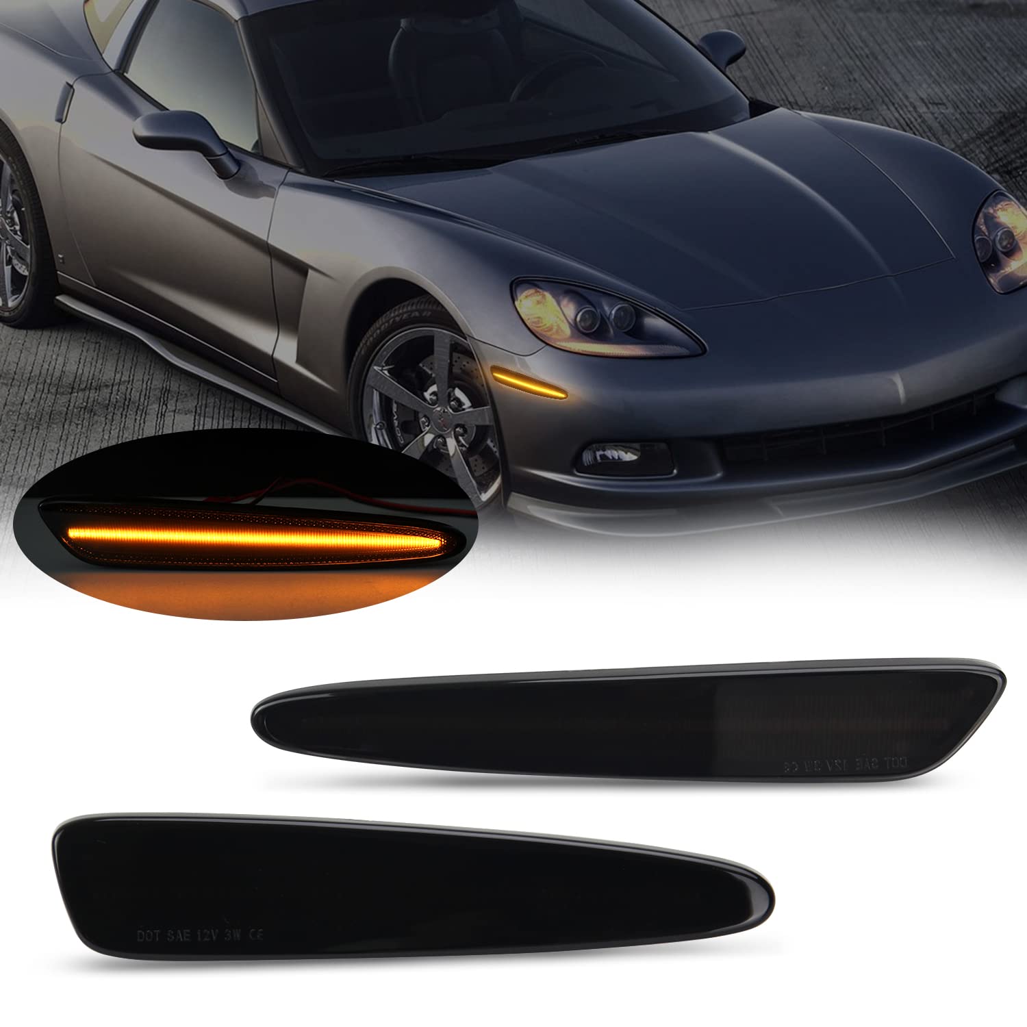 D-Lumina LED Side Marker Lights Smoked Lens for Chevy Corvette C6 2005 2006 2007 2008 2009 2010 2011 2012 2013 Front Bumper Side Lights Amber LED Turn Signal Sidemarker Replacement 2 Pieces