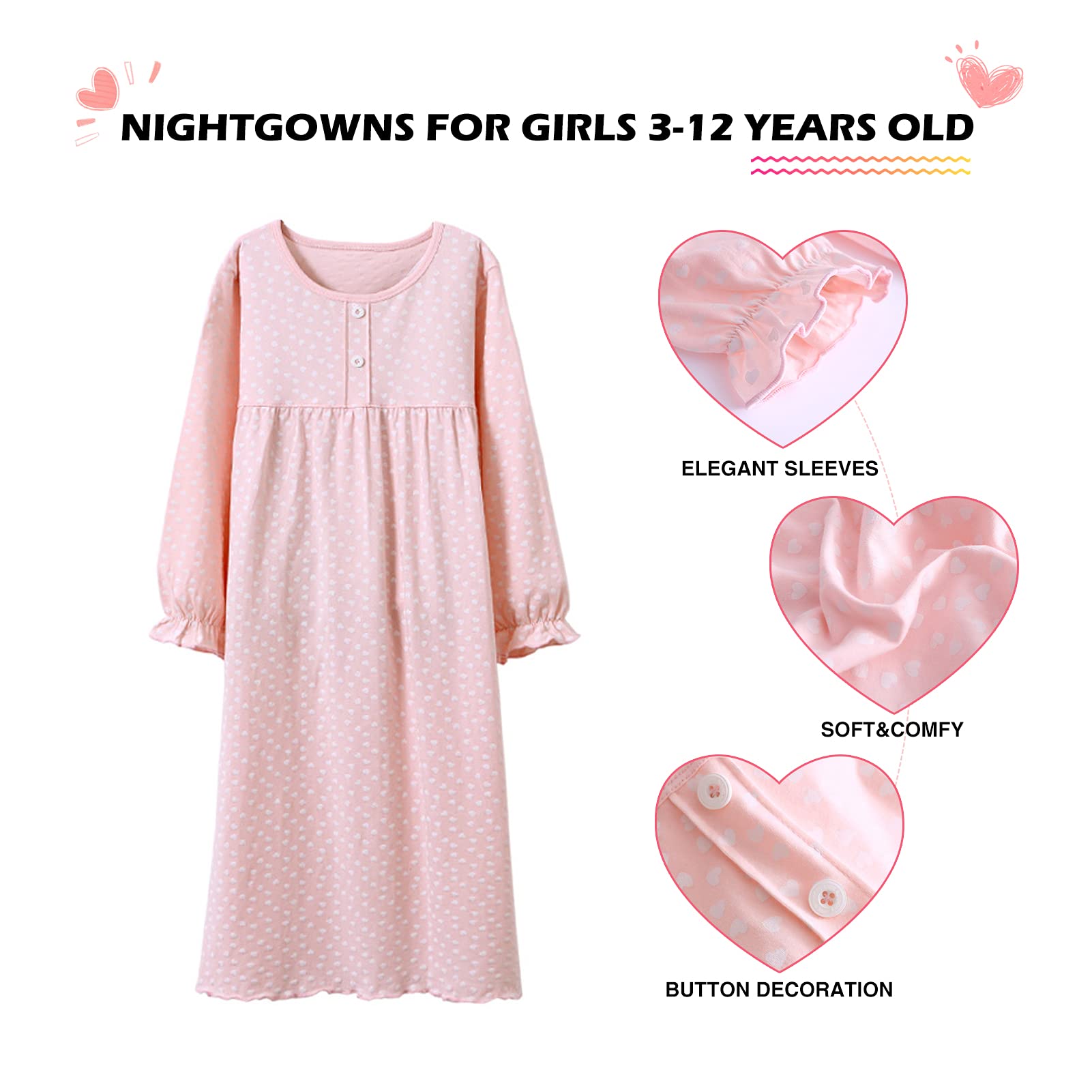BANGSAUR Conjunto de vestido de algodón para niñas, vestido diario de princesa con estampado de corazón, paquete de 2, vestido casual para niña de 3 a 12 años
