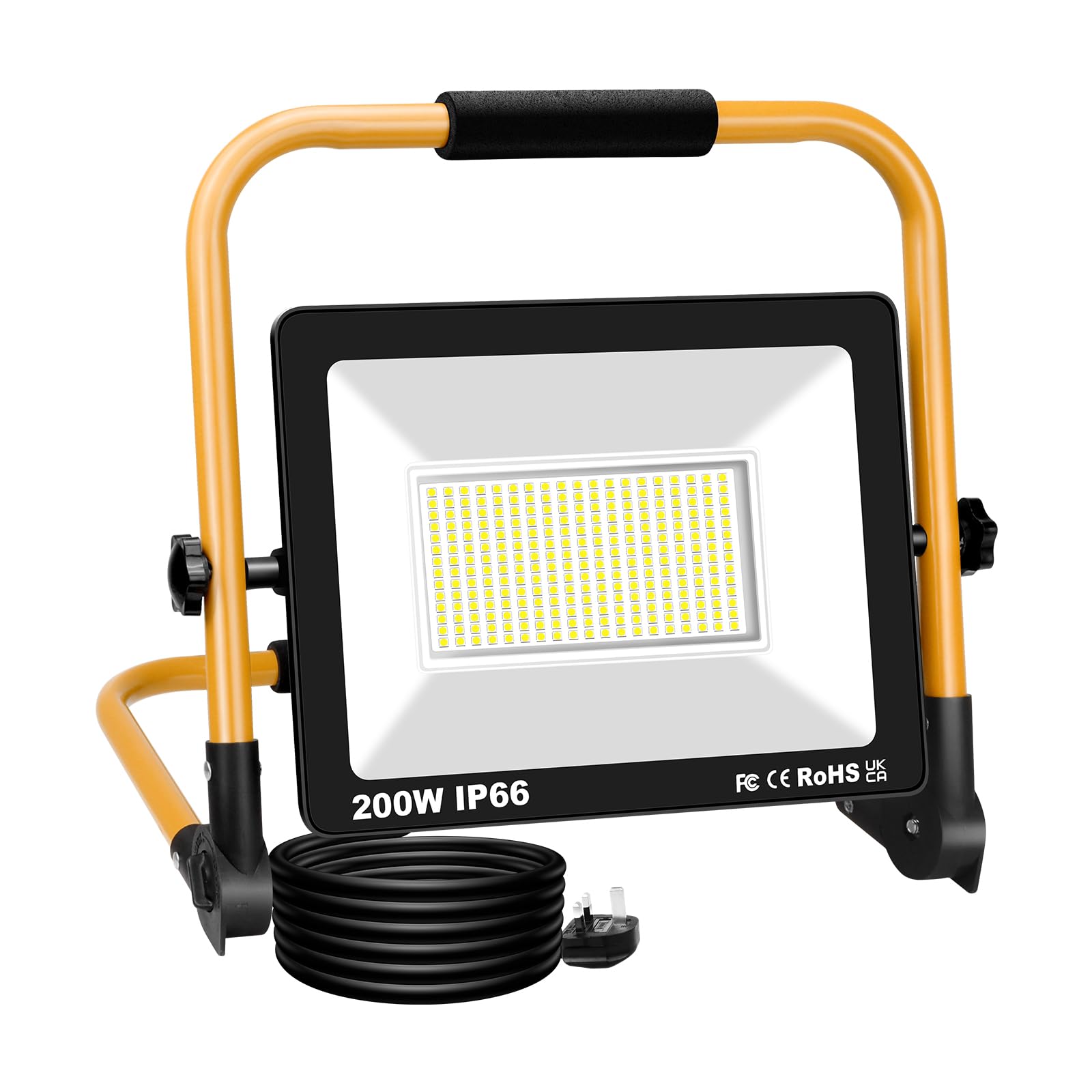 PICAA Folding 200W LED Work Light, Portable 6500K White Led Floodlight Outdoor Indoor Job Site Light Loft Light for Workshop Car Repairing Garage, 3 Meters Wire UK Plug IP66