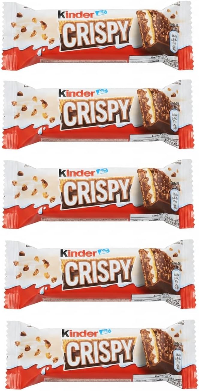 Kinder Crispy Milk Chocolate Bars, Multi-Textured Snack Featuring a Smooth, Milky Cream Layer Combined With Crispy Rice Pieces, 34g X 5 Count, (From Germany) By DECADENT FOODS