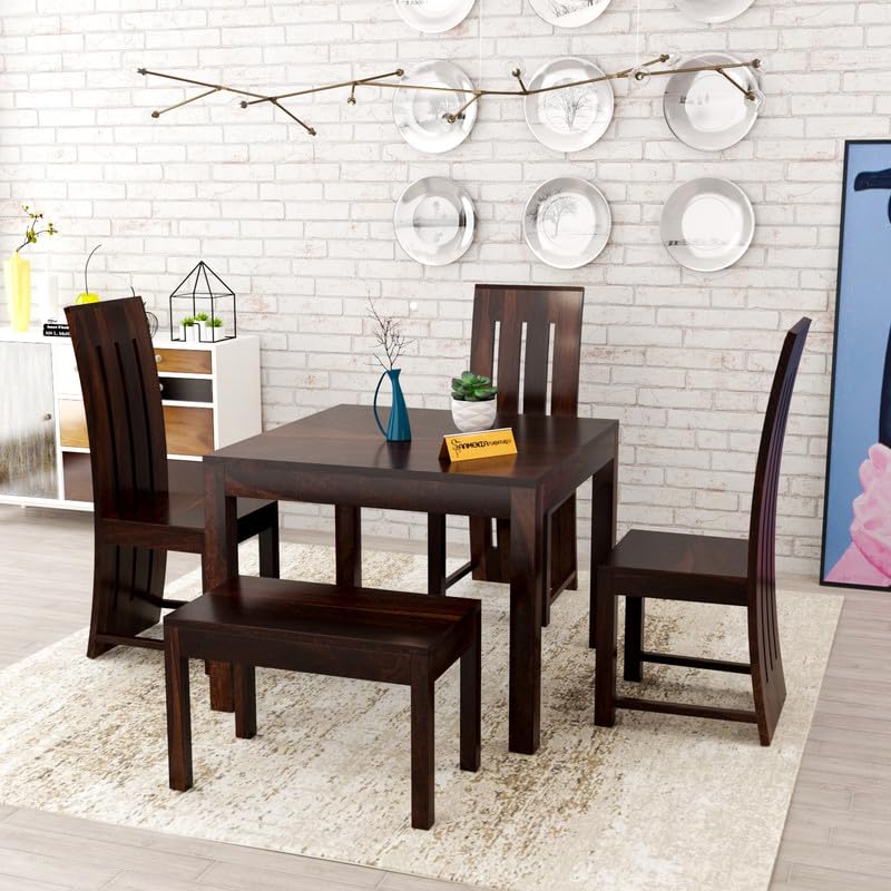 Image of Solid Sheesham Wood Dining Room Sets 4 Seater Dining Table with 3 Chairs & 1 Bench for Dining Room, Living Room, Kitchen, Hotel, Restaurant, Cafeteria (Zinor, Walnut)
