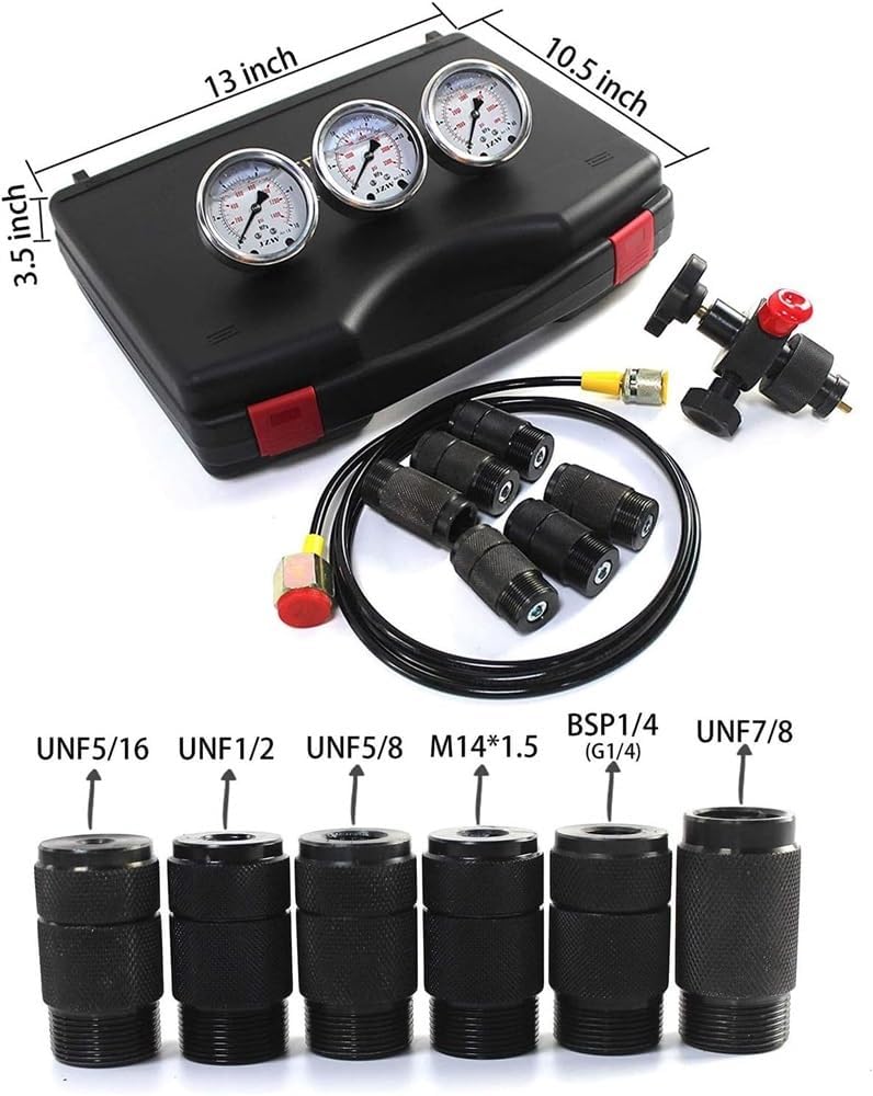 Kit De Prueba De Presión De Nitrógeno, Herramienta De Diagnóstico del Manómetro del Sistema De Carga del Acumulador De Nitrógeno Hidráulico con 3 Manómetros, 7 Acoplamientos Y 1 Manguera De Gas