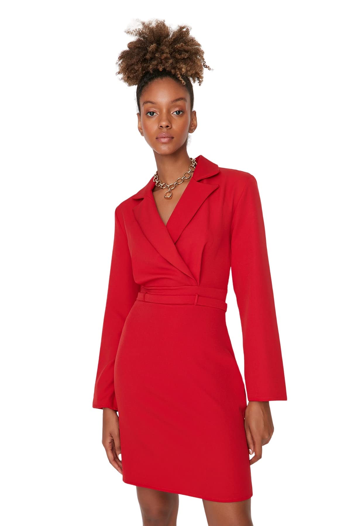 Trendyol Damen Rot Regular Bodycon V-Ausschnitt Webstoff Kleid, 34