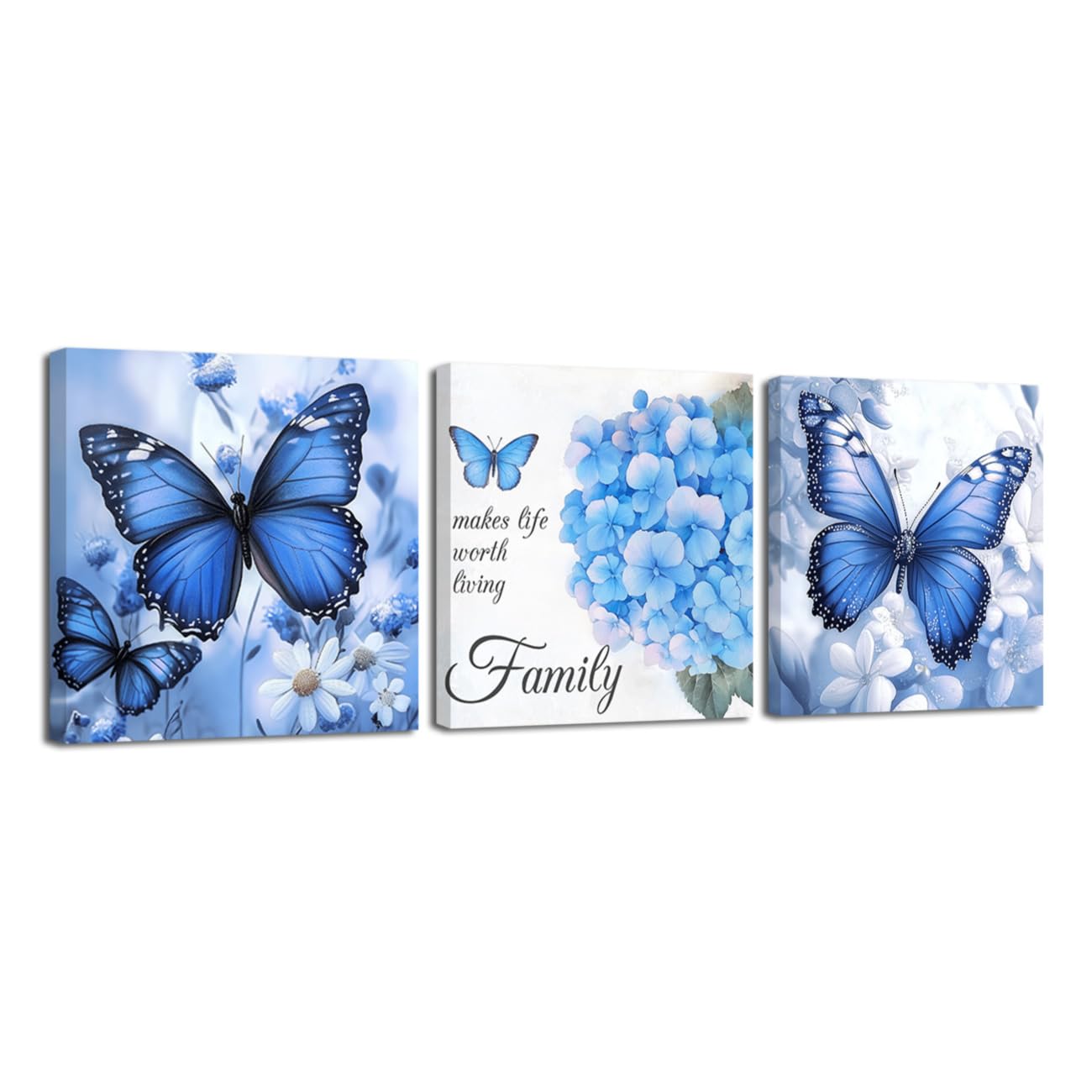 LZIMU Butterfly Canvas Wall Art 3 Pieces Hydrangea Butterfly Picture Inspirational Quotes Poster Prints Floral Painting for Bathroom Office Decor Framed (Blue, 20x20inchx3 Pieces)