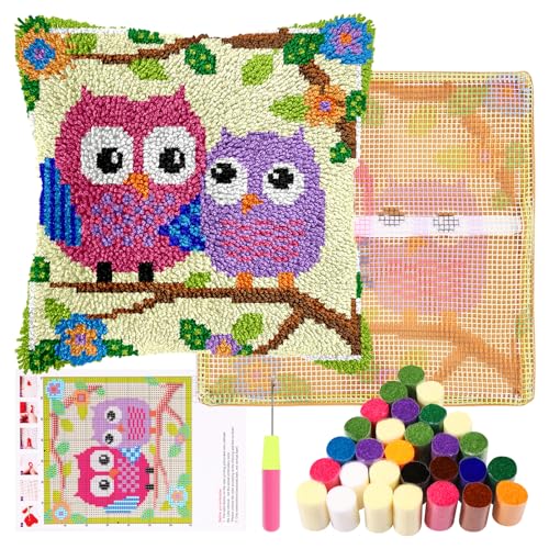 Knüpfhaken Kissen Kits Latch Hook Kissen Set für Kinder oder Anfänger Erwachsene DIY Latch Haken Kissenbezug Teppich Stickerei Set DIY Knüpfteppich Knüpfpackung für Home Sofa Dekor 43x43cm(Eule)
