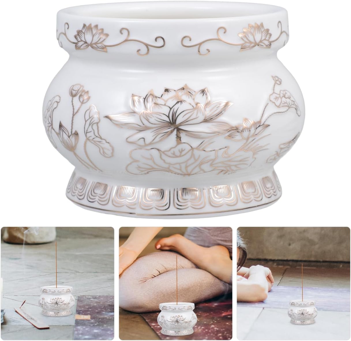 HANABASS Ceramic Incense Burner with Lotus Flower Relief 3.7 Inch - White and Gold Incense Holder for Home Altar Meditation Yoga Zen Buddhist D Cor