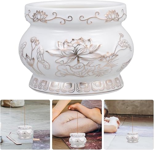 Miniatura 3 de HANABASS Quemador de incienso de cerámica de 4 pulgadas con alivio de flor de loto para Buda rezando, color blanco