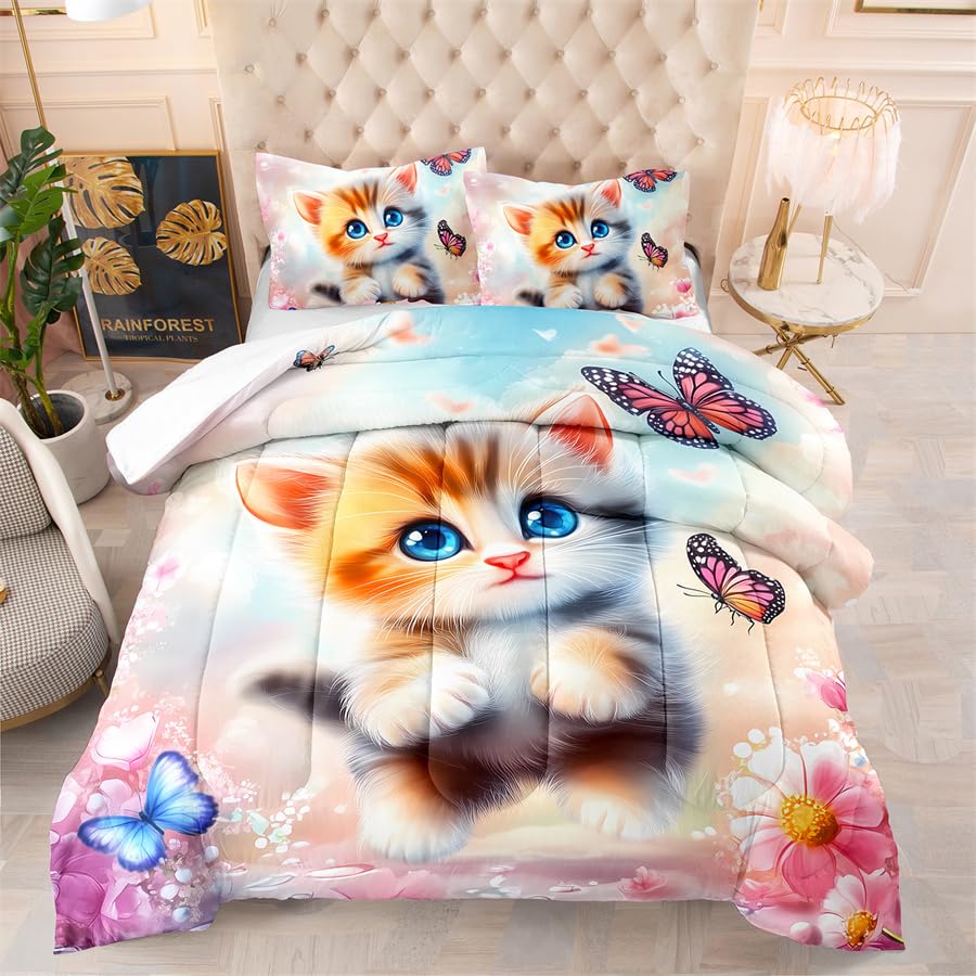 Edredon Cama 135 Gato Mariposa Rosa Relleno Nordico 4 Estaciones Duvet Suave Microfibra Edredón Nórdico Transpirable Edredon Cama Lavable Edredones Nordicos 172x218 cm