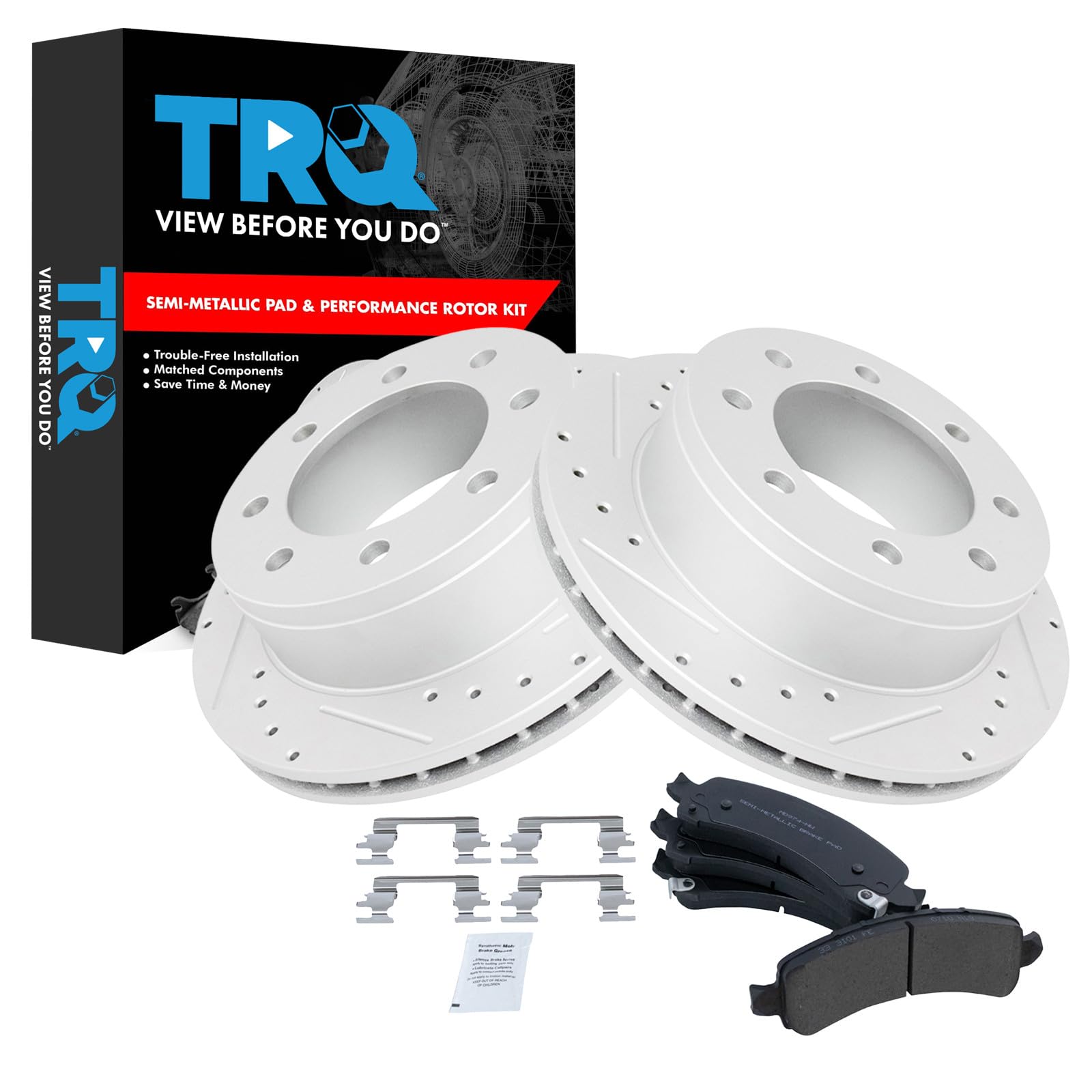 TRQ Performance Rear Brake Pad and Rotor Set Semi Metallic G Coated Rotors Compatible with 2006-2016 Chevrolet Express 2500 2003-2016 Express 3500 GMC Savana 2500 Savana 3500