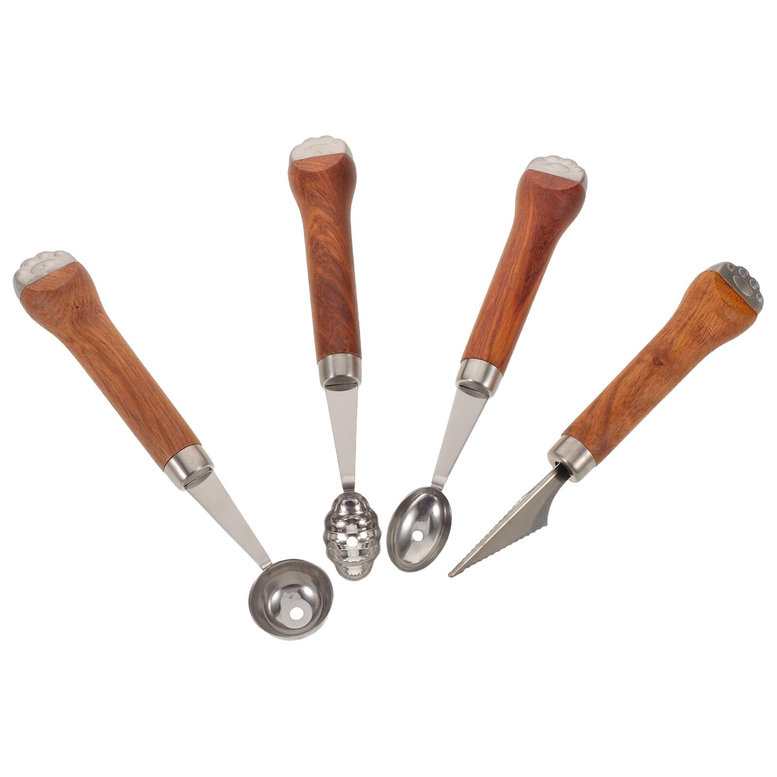 Juego de Herramientas para Frutas de Acero Inoxidable 4 Piezas con Mango de Madera Forma Pata de Gato Cuchara Sacabolas Melón y Cortador Tallado Multifuncional para Cocina y