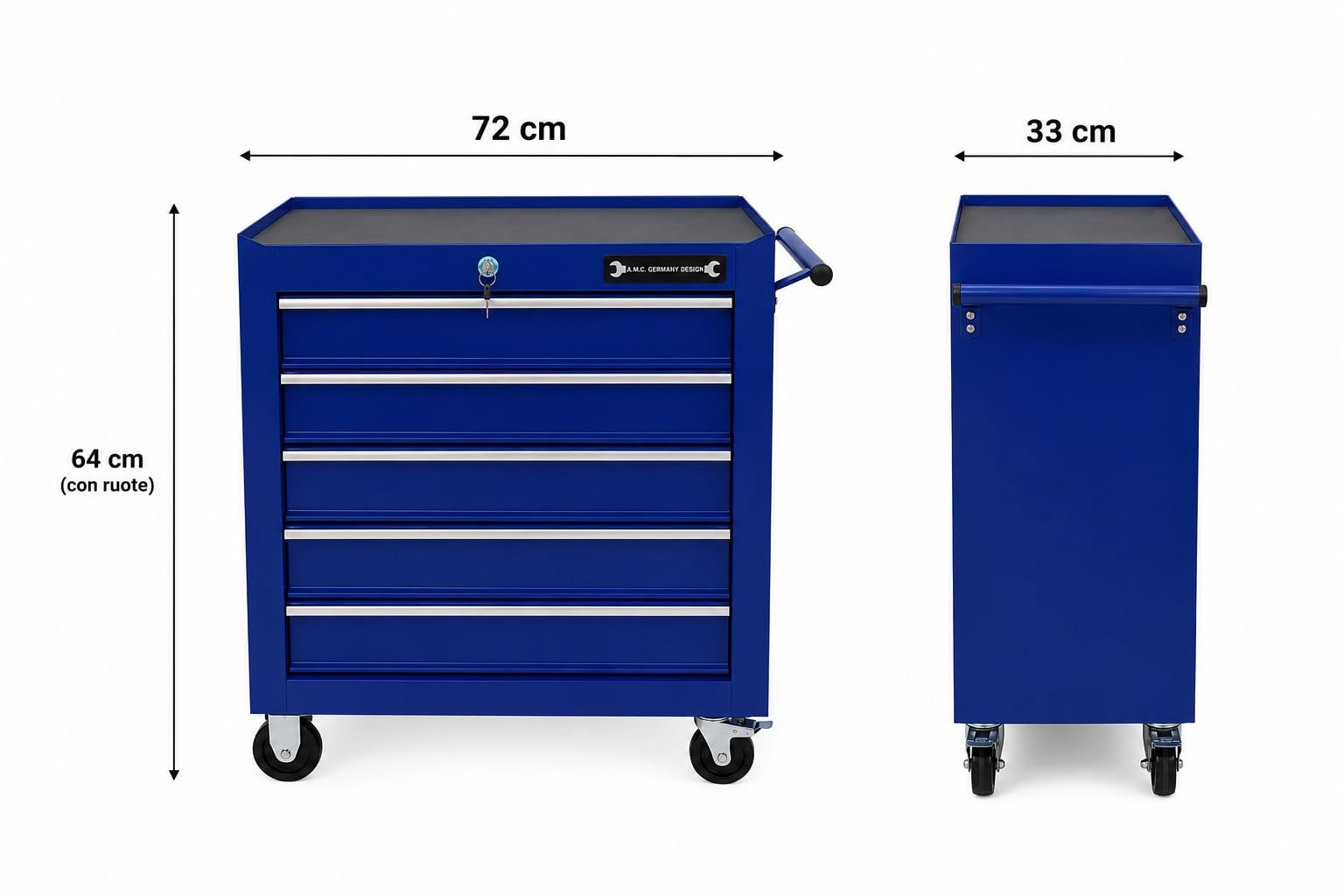 A.M.C. Carrello Portautensili in acciaio con 5 Cassetti richiudibili, Carrello Porta Attrezzi, Porta Utensili da Lavoro, Carrello con Ruote